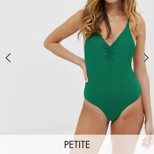 Petite Plain Grn Low Back 70s Style Swim/Bodysuit